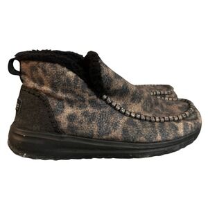 Hey Dude Denny Leo Nut Leopard Print Faux Fur Lined Ankle Boots Brown Womens 9